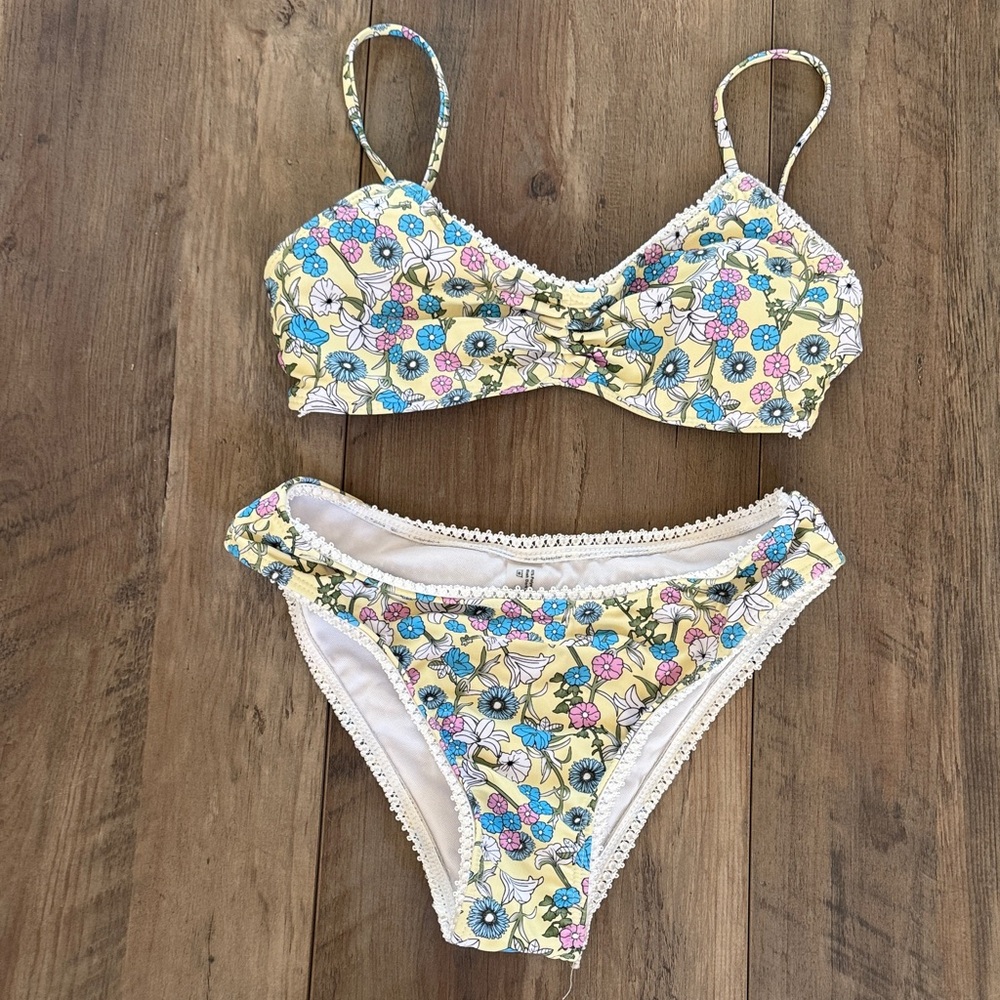 Floral Yellow Bikini Set with Blue & Pink Flowers